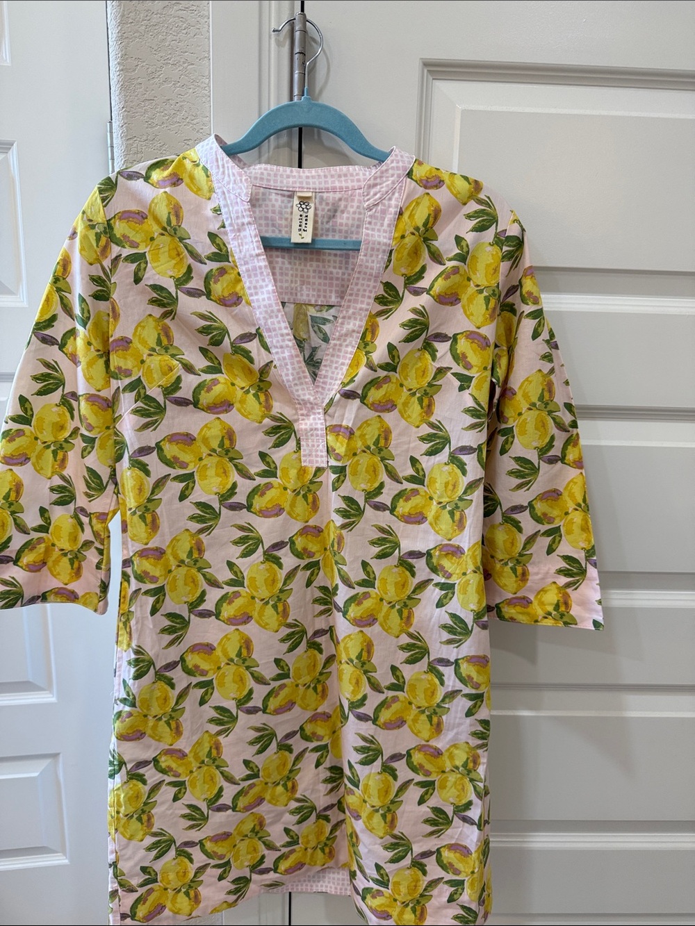 Uncle Frank's Yellow Floral Shift Dress L V-Neck 3/4 Sleeve Knee Length